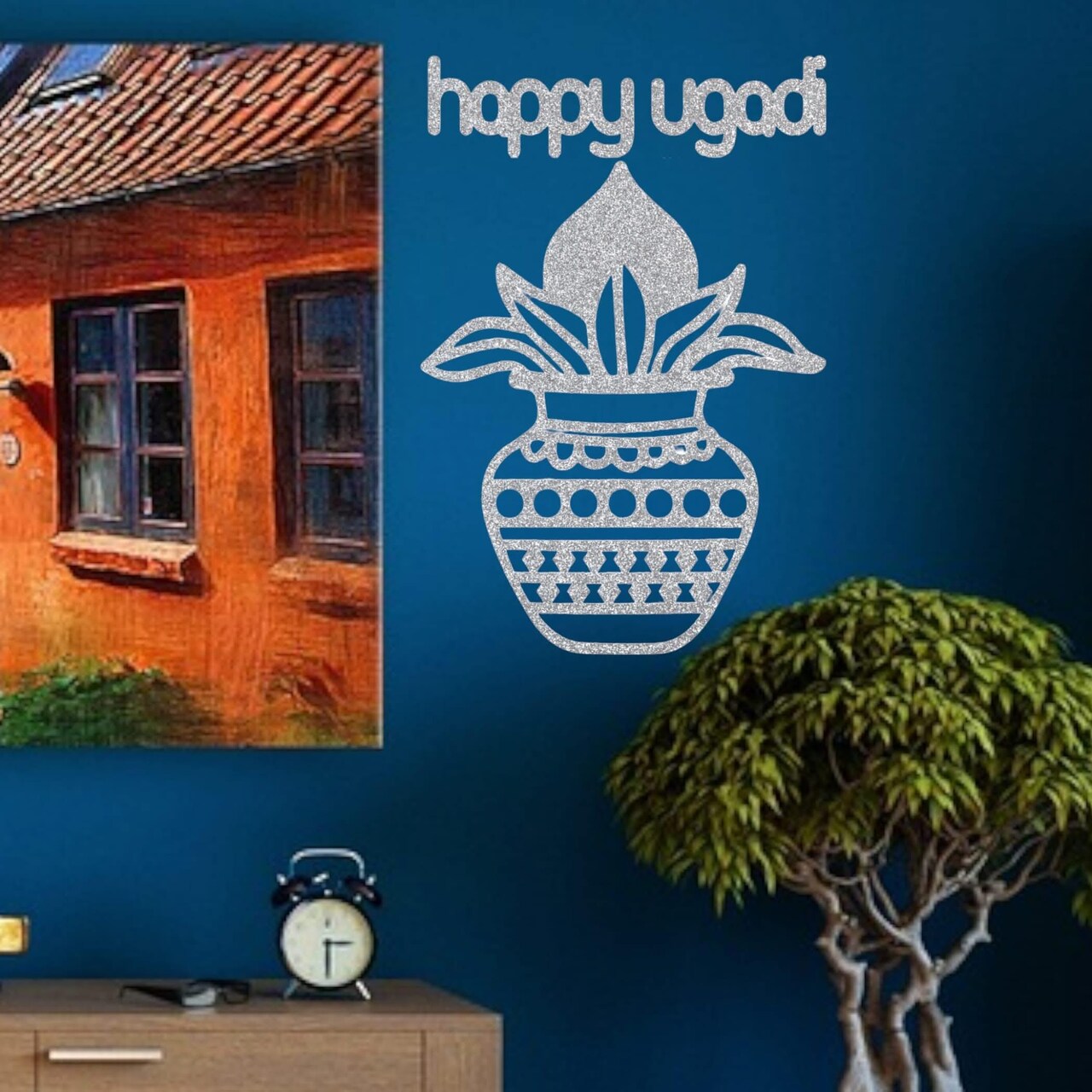 Ugadi Wall Decor Mangal Kalash Happy Ugadi Text Sticker Decorative Cutout Diy Indian Backdrop Traditional Telugu New Year Wall Decor Puja Mandir Ugadi Celebration Spiritual Gift
